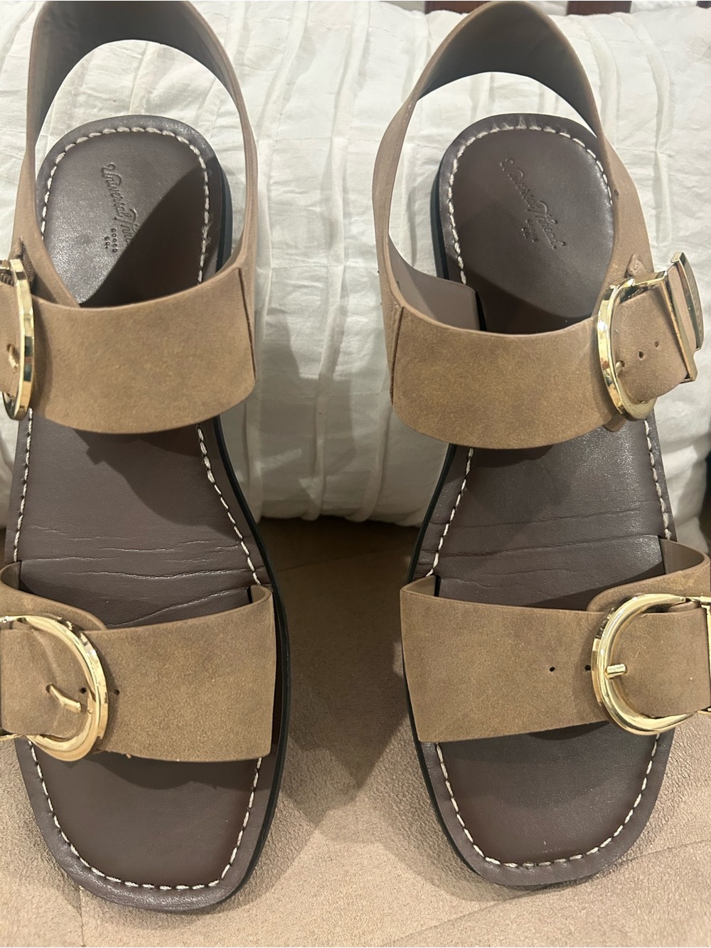 Target Tan Nubuck Slide Sandal with Brown Footbed and Buckle